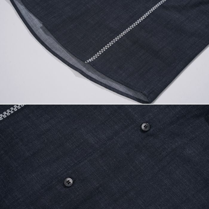 刺繍ライン デニム 半袖シャツ　M10749