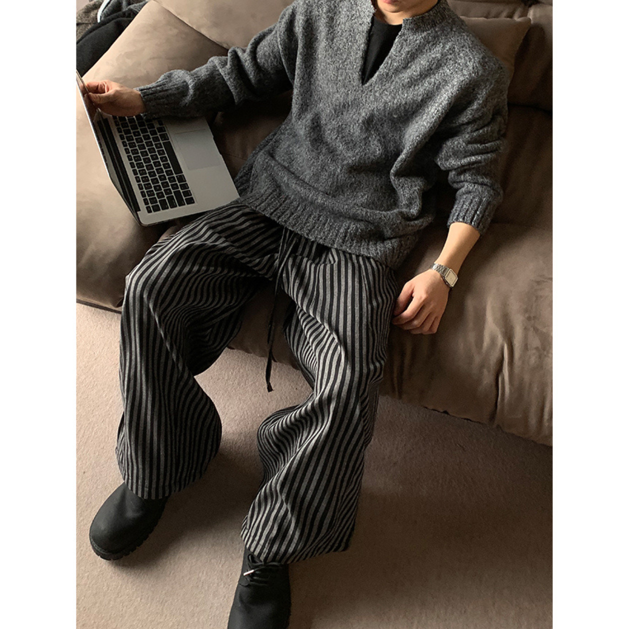 ストライプ ドレープワイドパンツ M10460