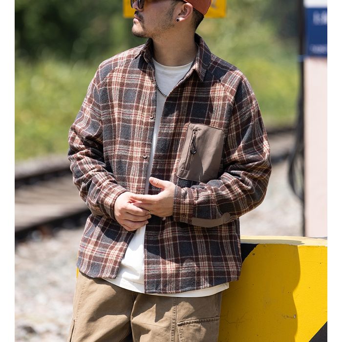 異素材ポケット チェック柄シャツ M10589