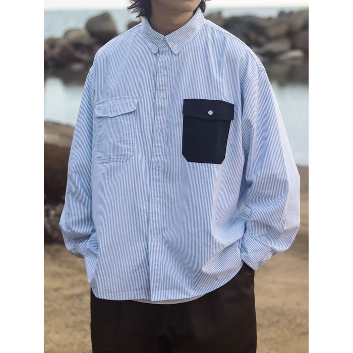 コントラストポケット ストライプ 長袖シャツ　M10336