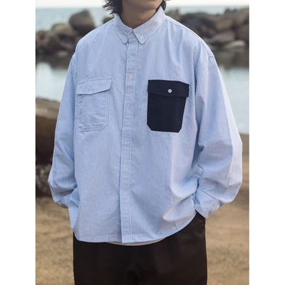 コントラストポケット ストライプ 長袖シャツ　M10336