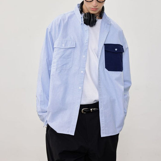 コントラストポケット ストライプ 長袖シャツ　M10336