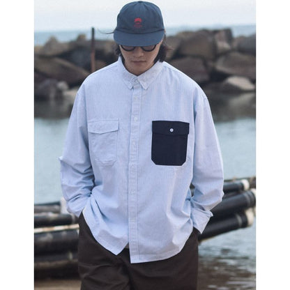 コントラストポケット ストライプ 長袖シャツ　M10336