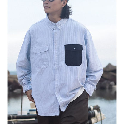 コントラストポケット ストライプ 長袖シャツ　M10336