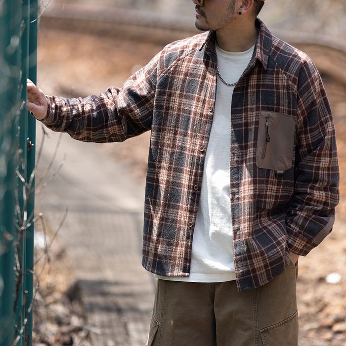 異素材ポケット チェック柄シャツ M10589