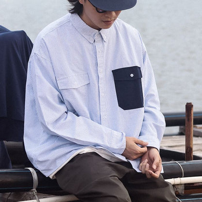 コントラストポケット ストライプ 長袖シャツ　M10336