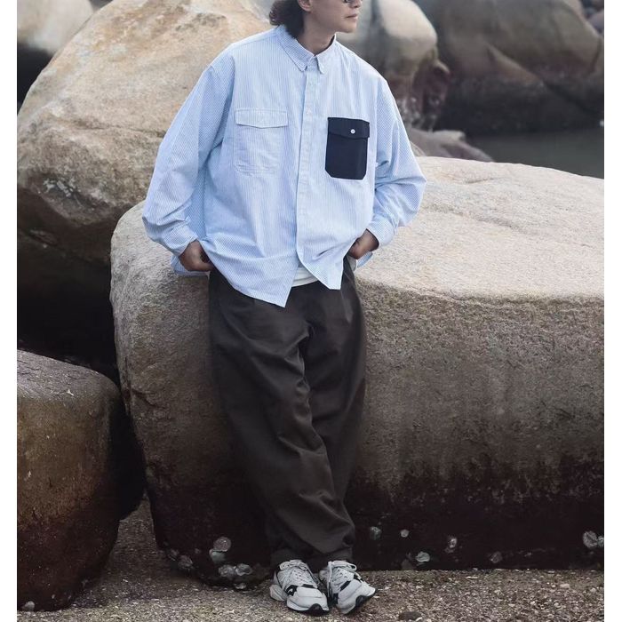 コントラストポケット ストライプ 長袖シャツ　M10336