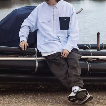 コントラストポケット ストライプ 長袖シャツ　M10336