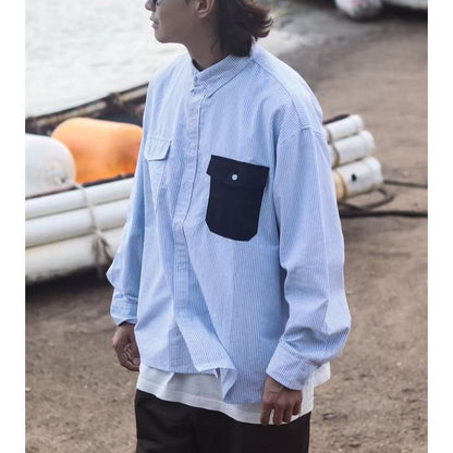 コントラストポケット ストライプ 長袖シャツ　M10336