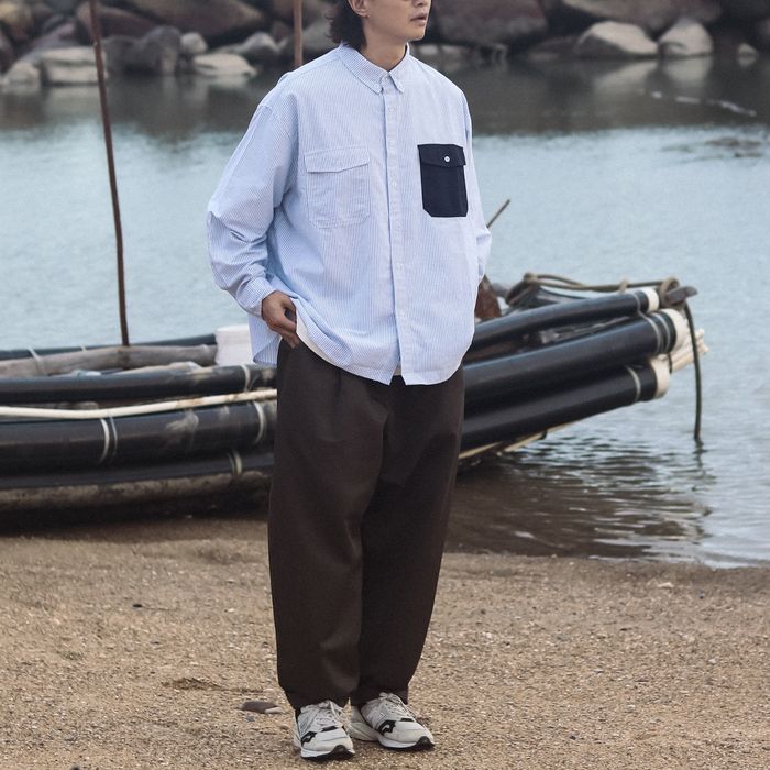 コントラストポケット ストライプ 長袖シャツ　M10336