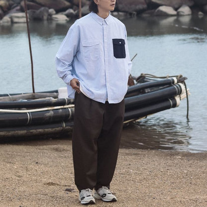 コントラストポケット ストライプ 長袖シャツ　M10336