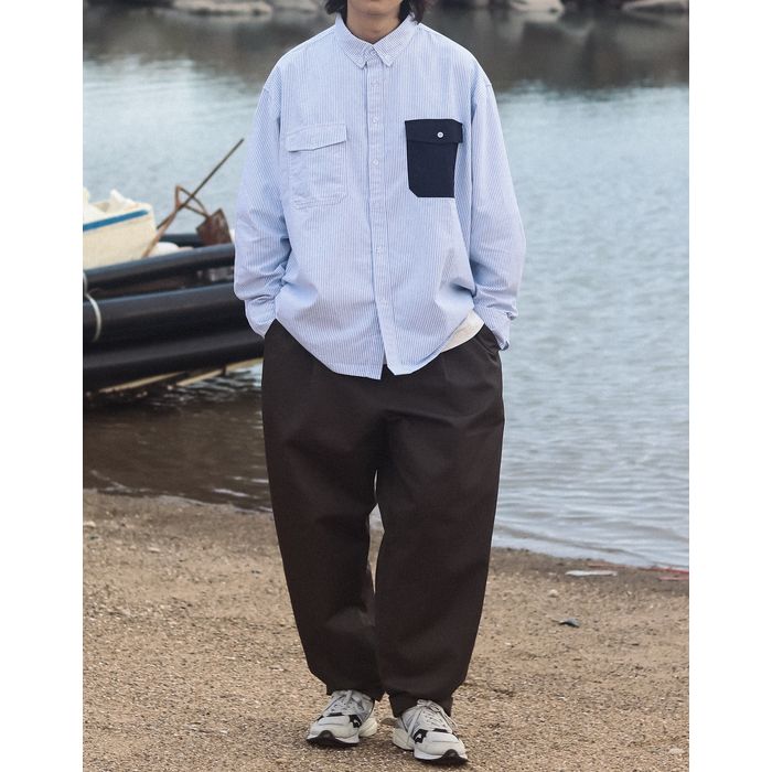 コントラストポケット ストライプ 長袖シャツ　M10336