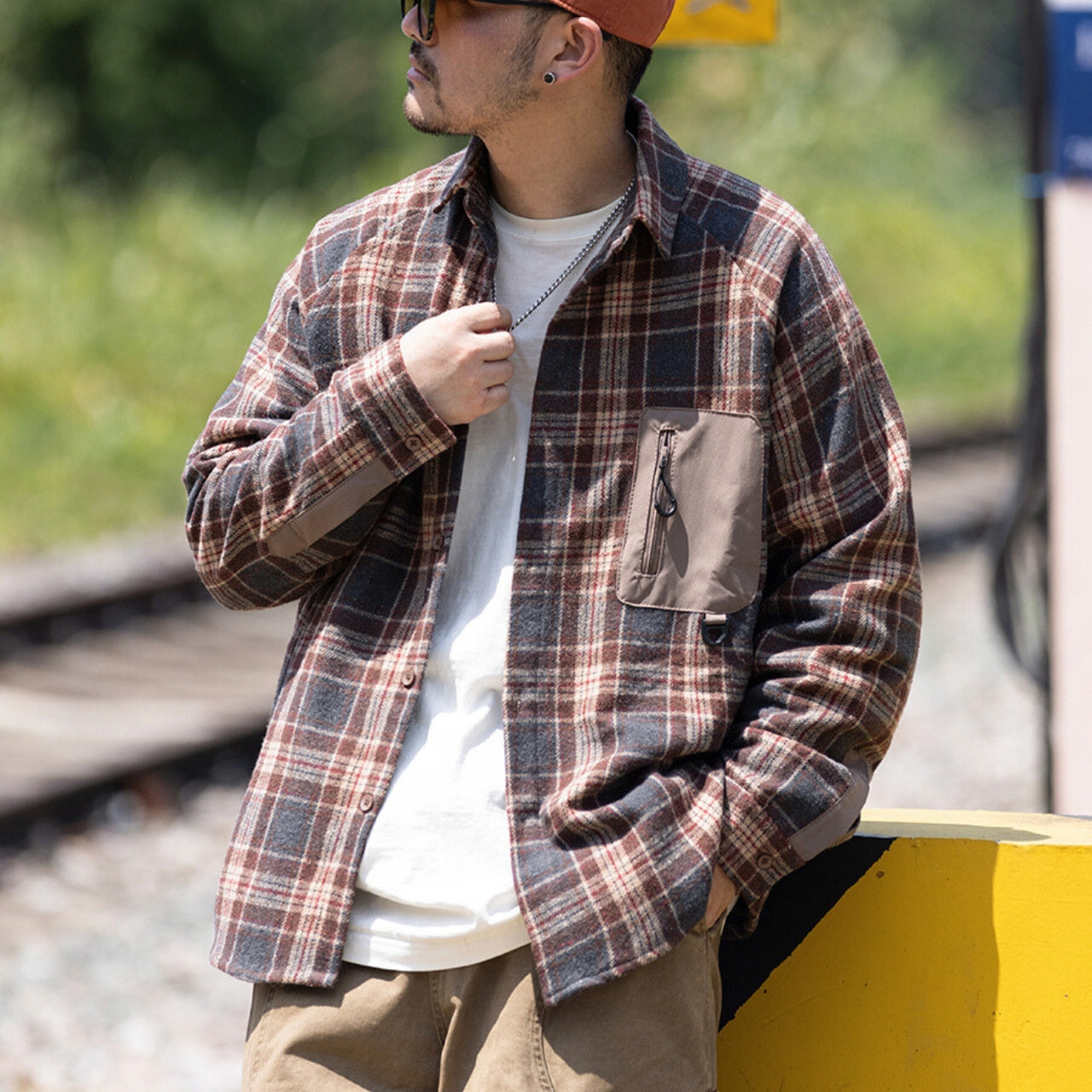 異素材ポケット チェック柄シャツ M10589